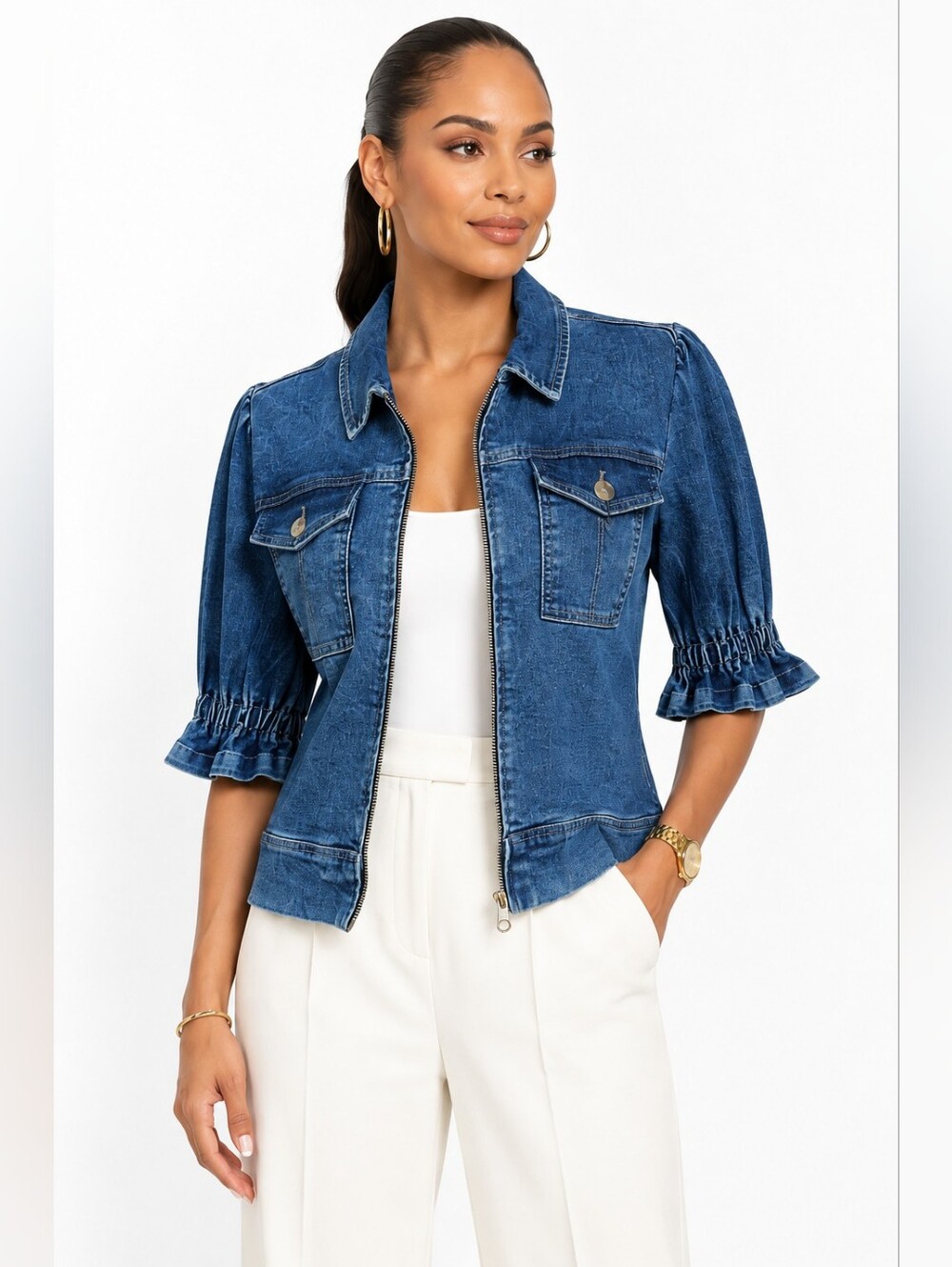 APNY NWT Women's Blue Denim Zip Front Short Puff Sleeve Jacket Top M
